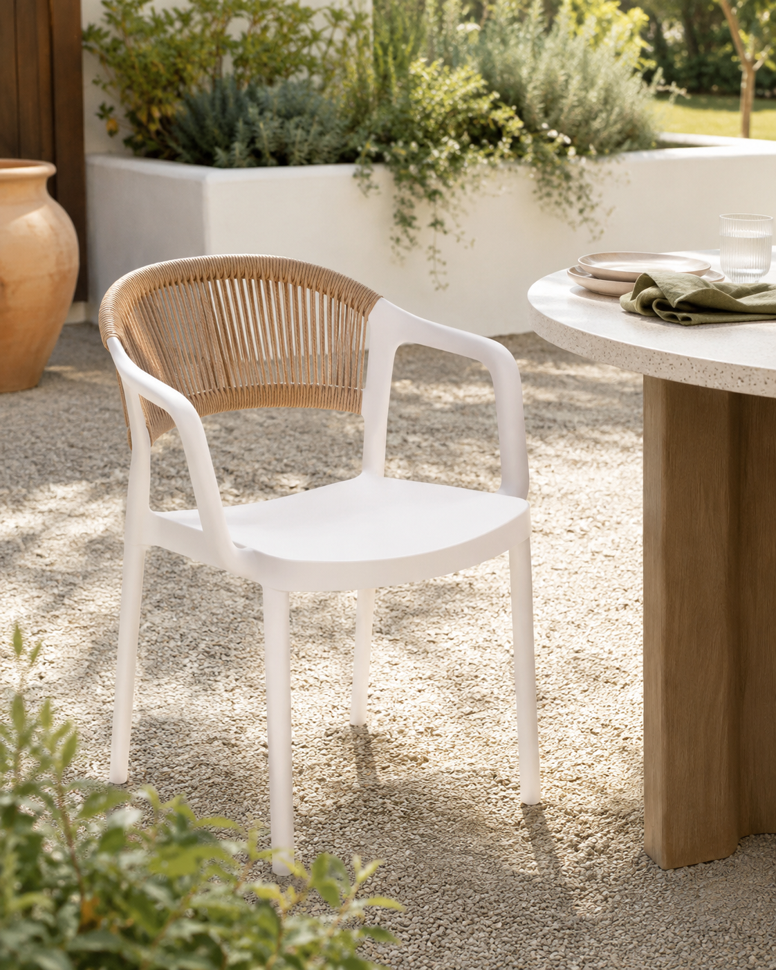 Coastal Rope-Back Polypropylene Armchair White – Indoor & Outdoor Café and Garden Chair