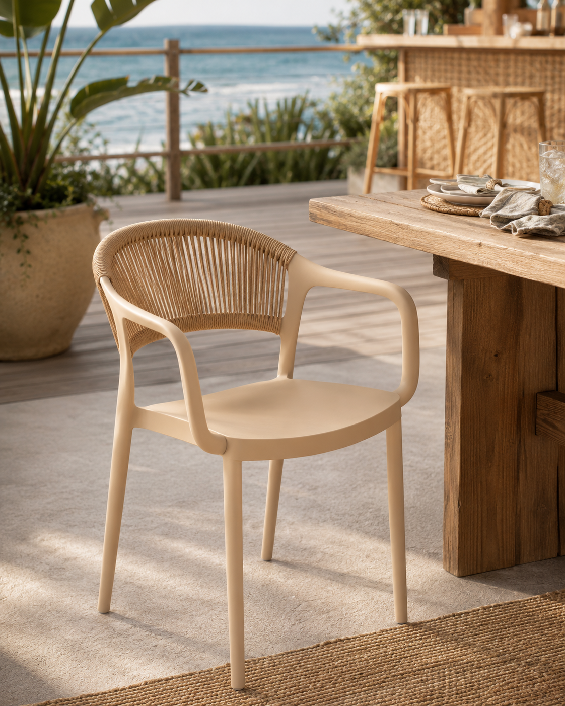 Coastal Rope-Back Polypropylene Armchair Cream – Indoor & Outdoor Café and Garden Chair