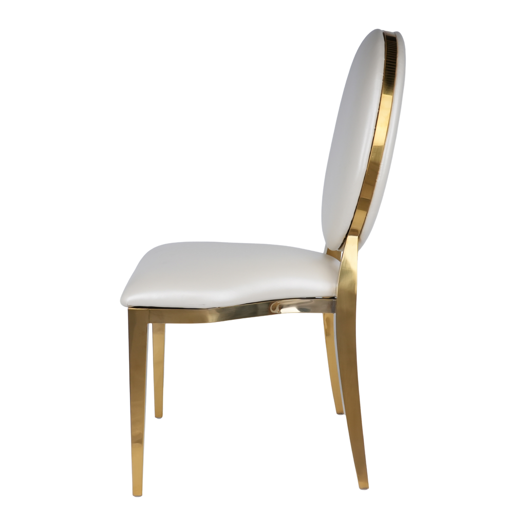 Gold Dior Banqueting Chair Off White – Luxury PU Leather Gloss Finish, Stackable, Event-Ready