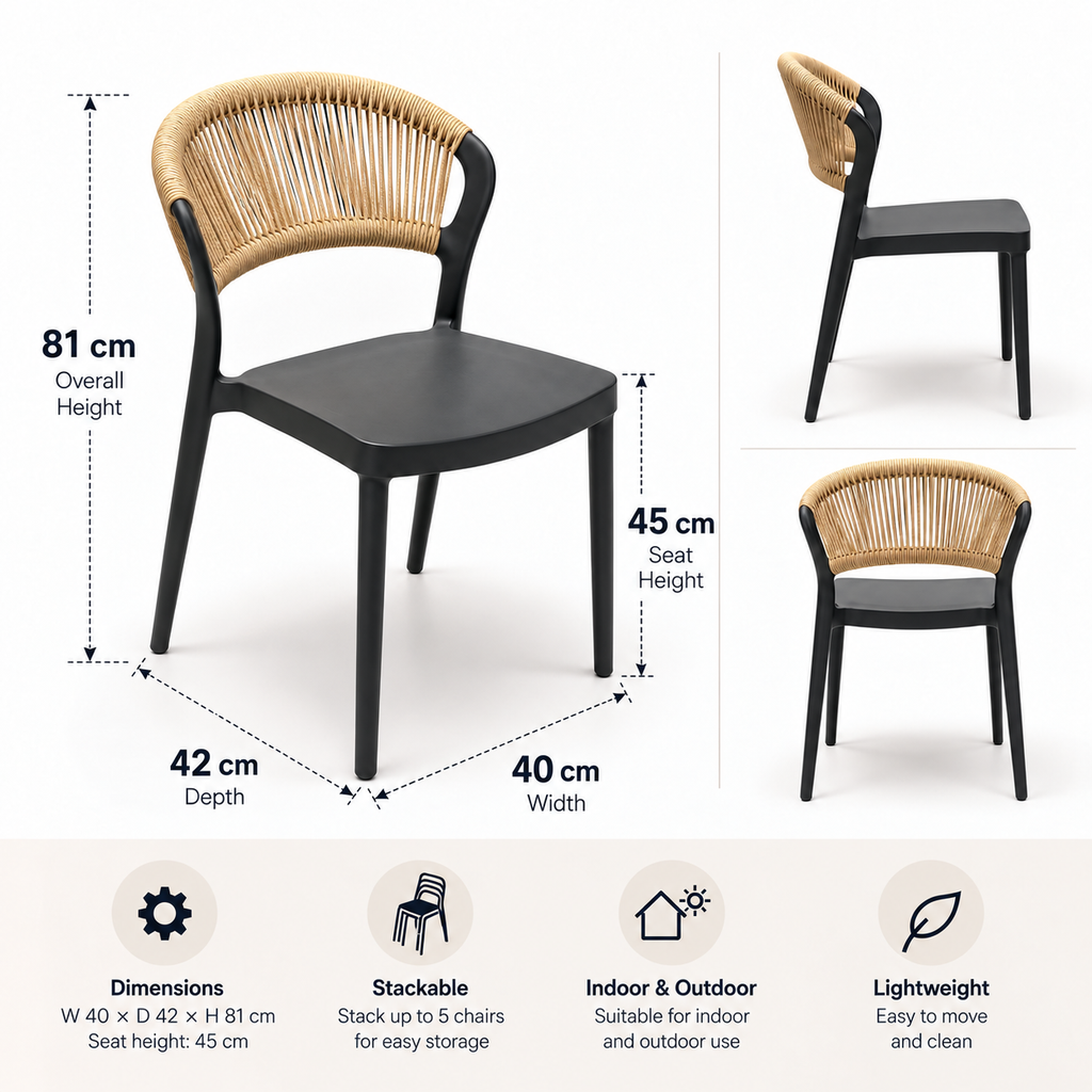 Coastal Rope-Back Polypropylene Black/Cream – Indoor & Outdoor Café and Garden Chair