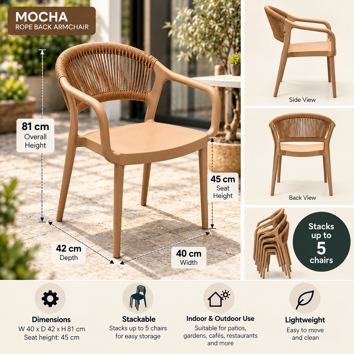 Coastal Rope-Back Polypropylene Armchair Cream – Indoor & Outdoor Café and Garden Chair