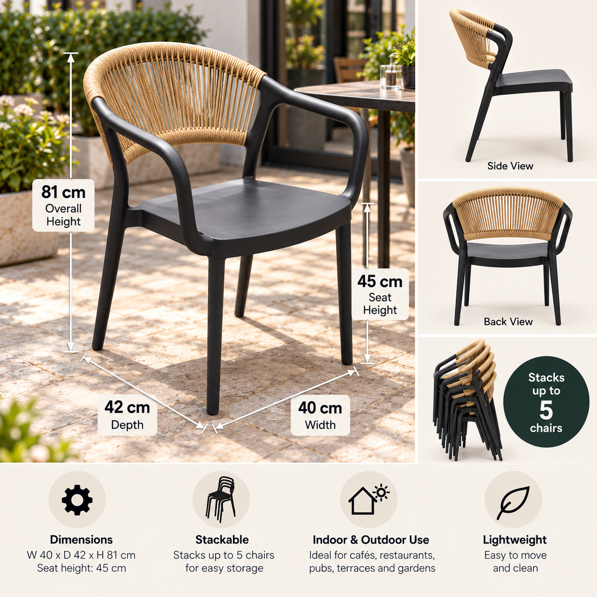 Coastal Rope-Back Polypropylene Armchair Black – Indoor & Outdoor Café and Garden Chair