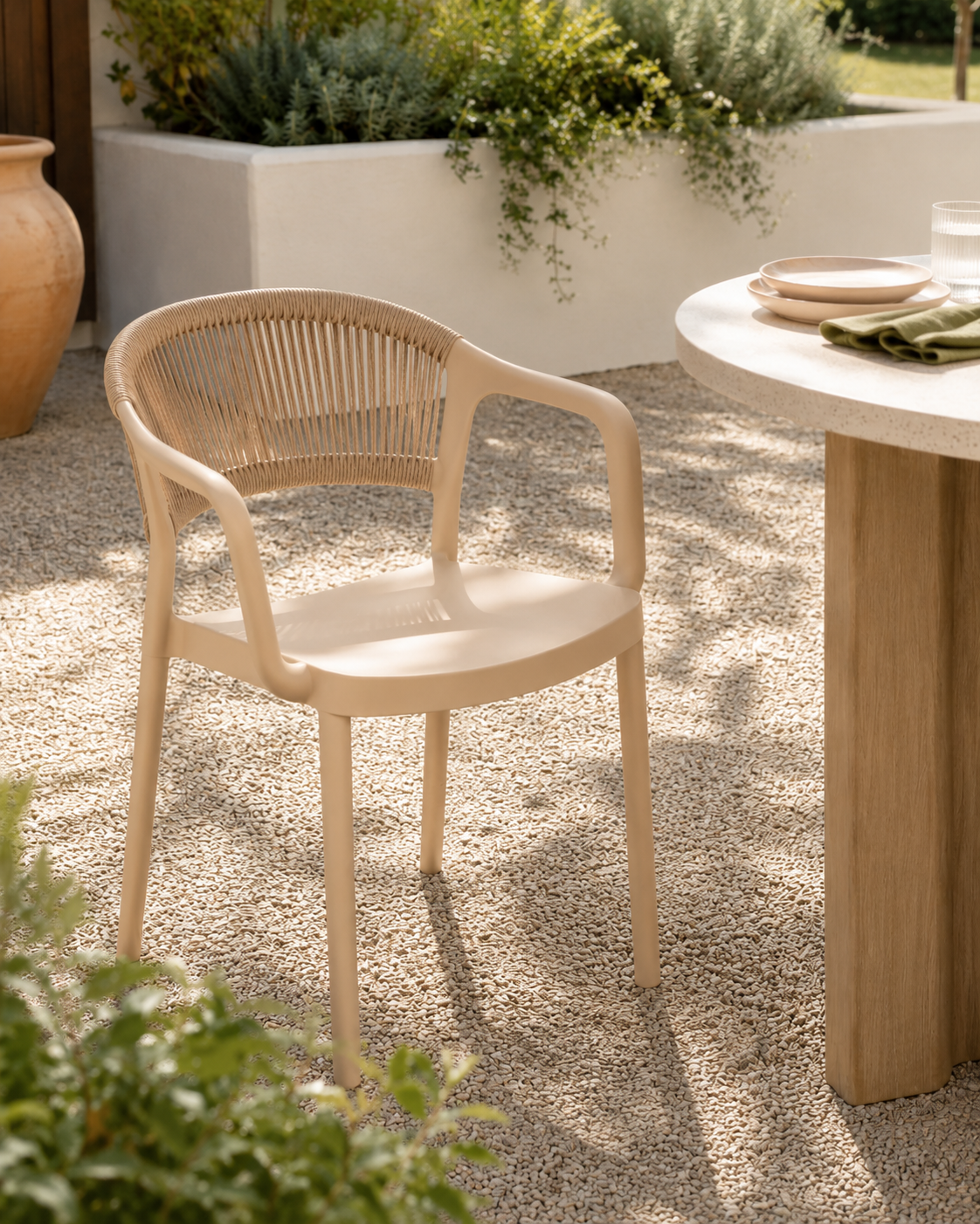 Coastal Rope-Back Polypropylene Armchair Cream – Indoor & Outdoor Café and Garden Chair