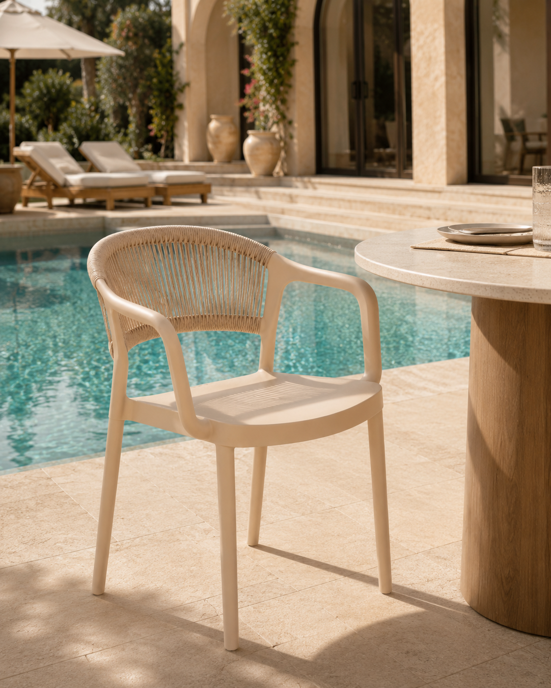 Coastal Rope-Back Polypropylene Armchair Cream – Indoor & Outdoor Café and Garden Chair